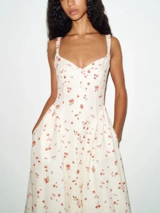 NEW Reformation Birdie Linen Sleeveless Midi Dress Lovie White Floral US 6 UK 10 - Picture 4 of 16